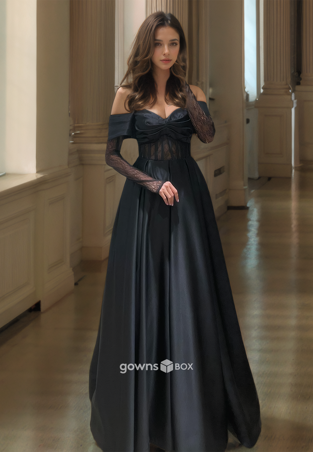 Ruched Sweetheart Lace Long Sleeves A-Line Evening Dress Prom Ball Gown-GownsBox