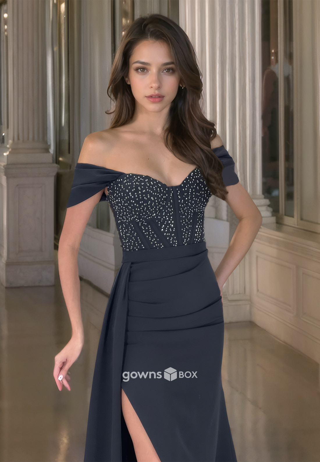 Chic Black Off-Shoulder A-Line with Slit Formal Evening Dress Party Gown-GownsBox