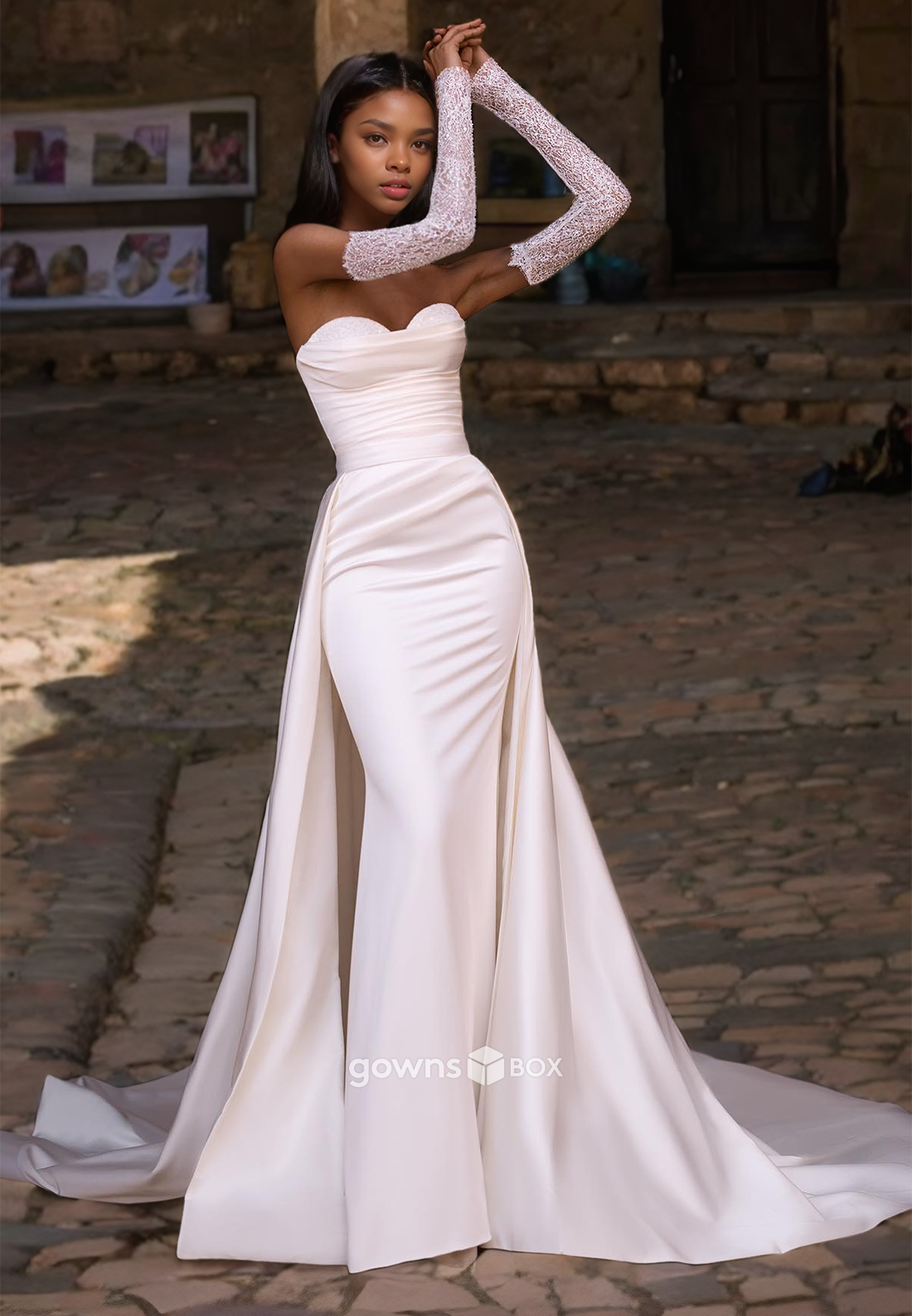 Sexy Sweetheart Sheath Satin with Detachable Train Wedding Dress Bride Gown-GownsBox
