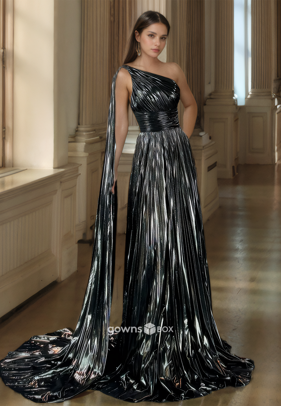 Special Metallic Black One Shoulder with Cape A-Line Formal Evening Dress-GownsBox