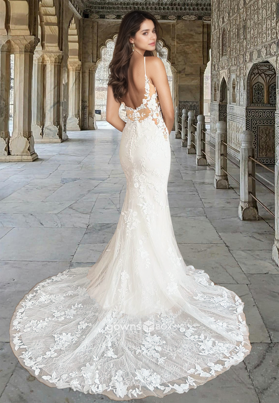 Sexy Lace Applique V-Neck Spaghetti Straps Mermaid with Train Wedding Dress-GownsBox