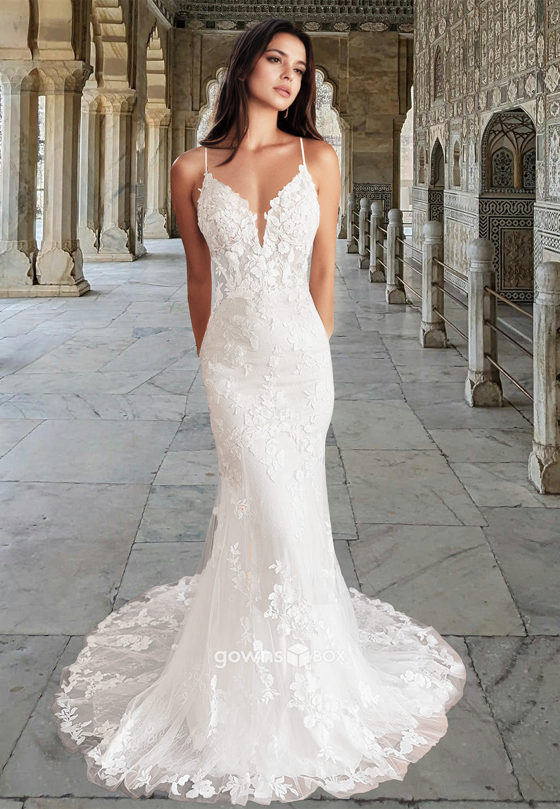 Sexy Lace Applique V-Neck Spaghetti Straps Mermaid with Train Wedding Dress-GownsBox