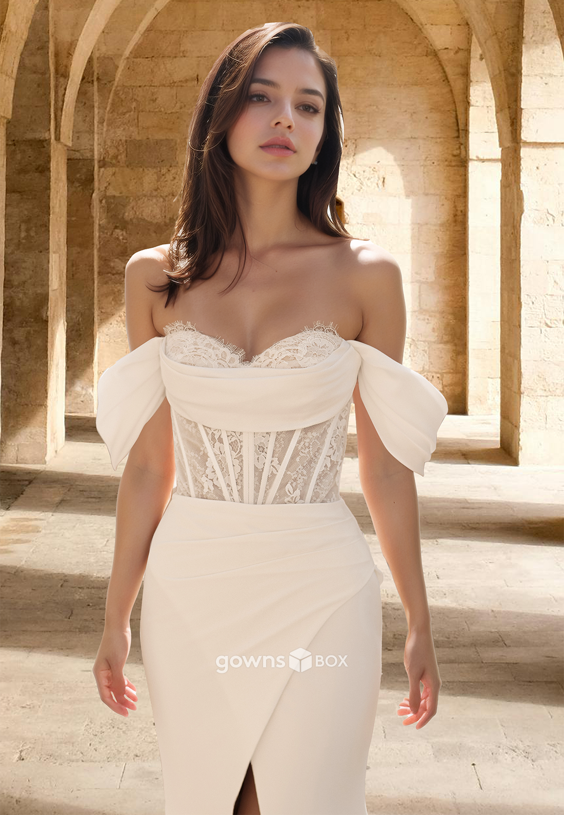 Chic Applique Off-Shoulder Trumpet with Slit Wedding Dress 2025-GownsBox