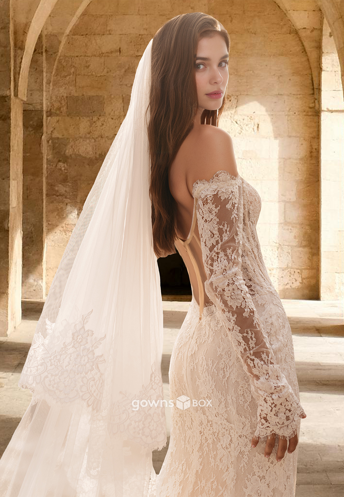 Sexy Sleeves Full Lace Applique Sheer Mermaid with Train Wedding Dress-GownsBox