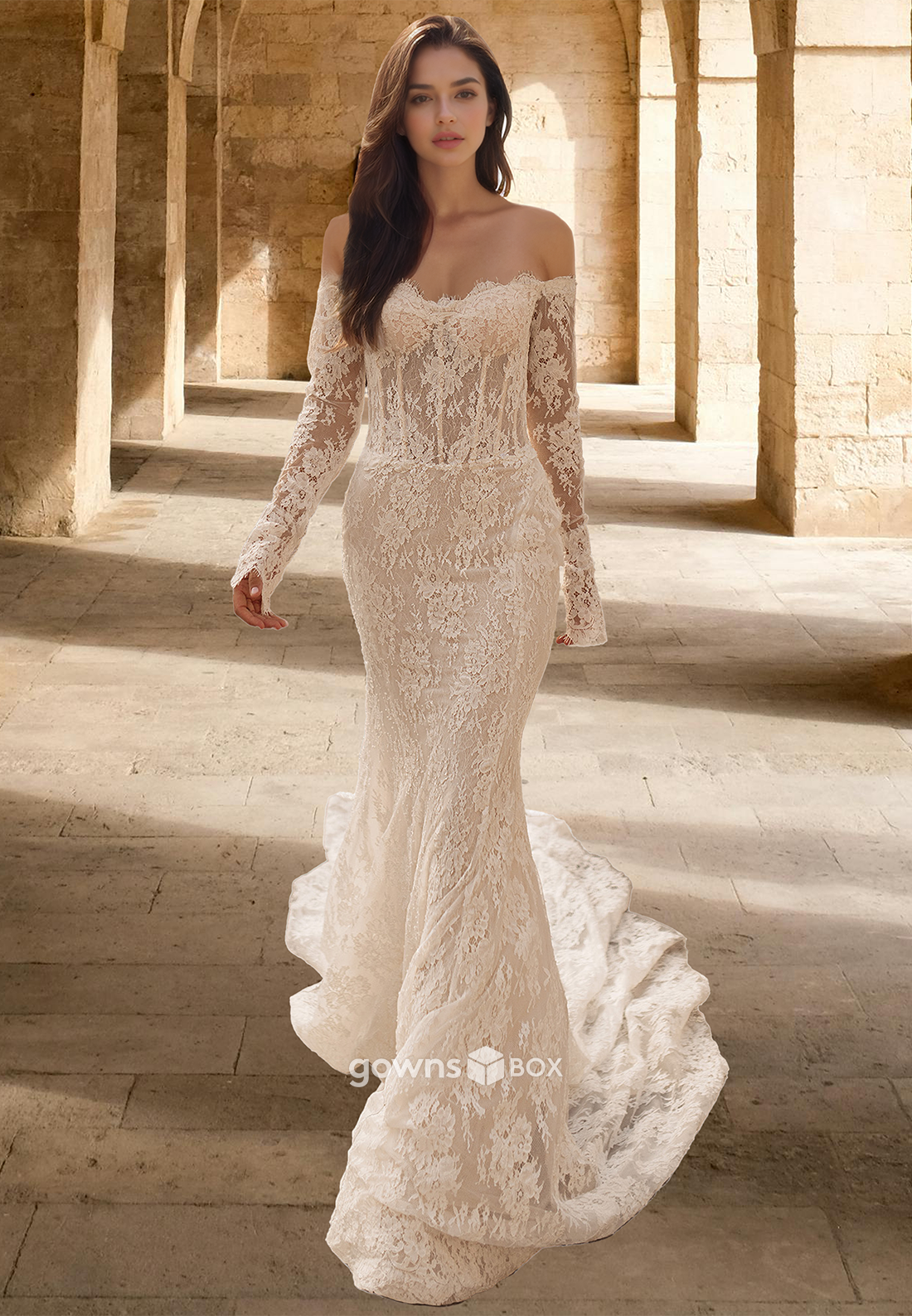 Sexy Sleeves Full Lace Applique Sheer Mermaid with Train Wedding Dress-GownsBox