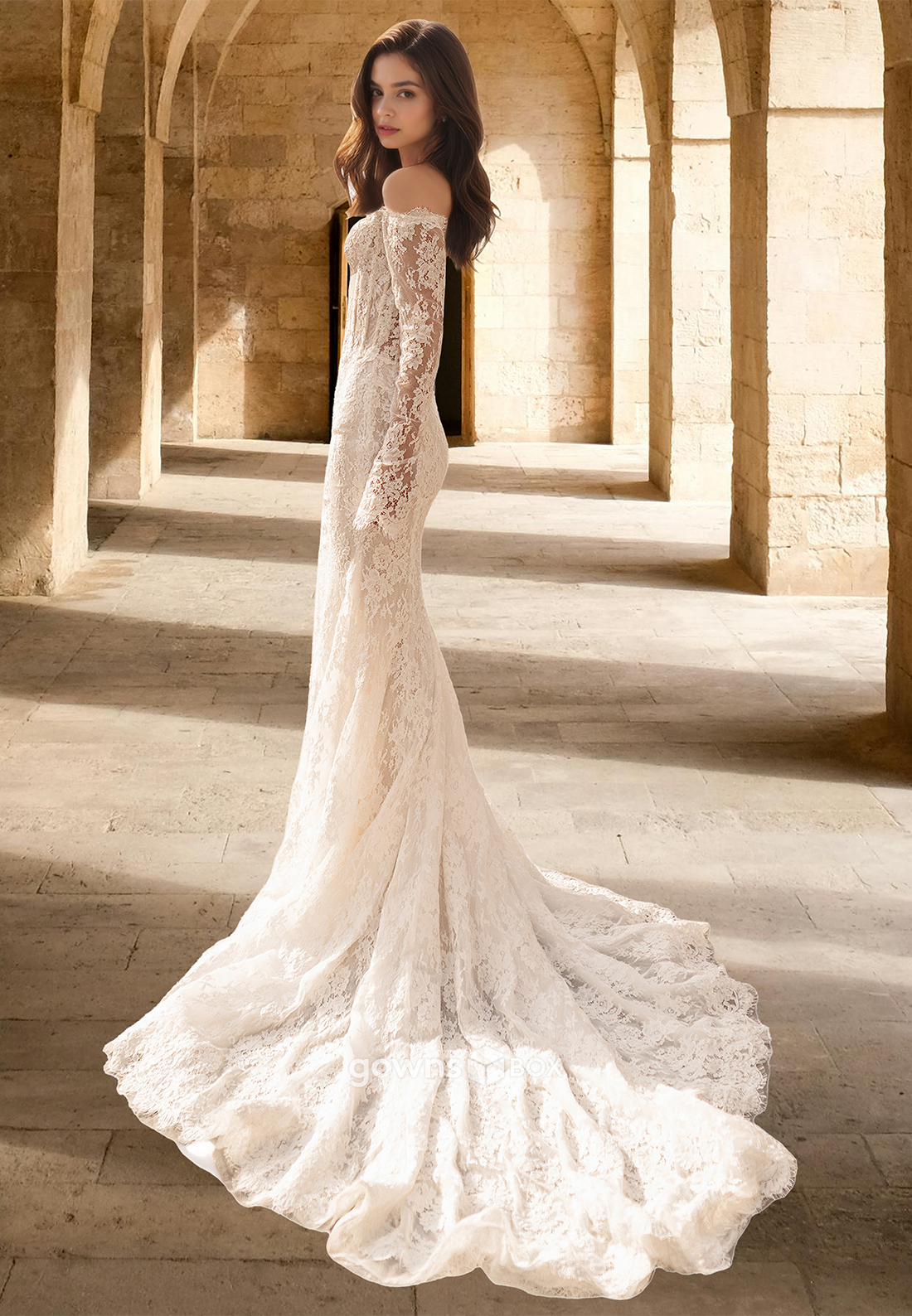 Sexy Sleeves Full Lace Applique Sheer Mermaid with Train Wedding Dress-GownsBox