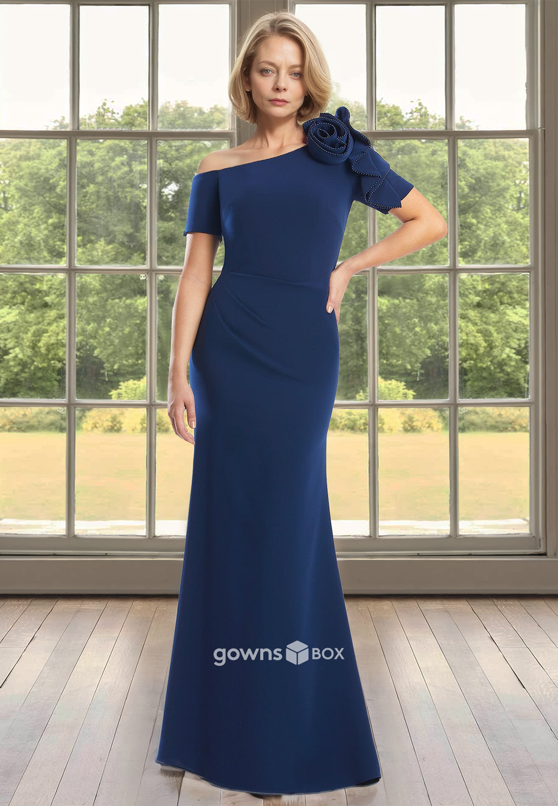 Ruched Asymmetrical Sleeves Sheath Satin Mother of the Bride Dress 2025-GownsBox