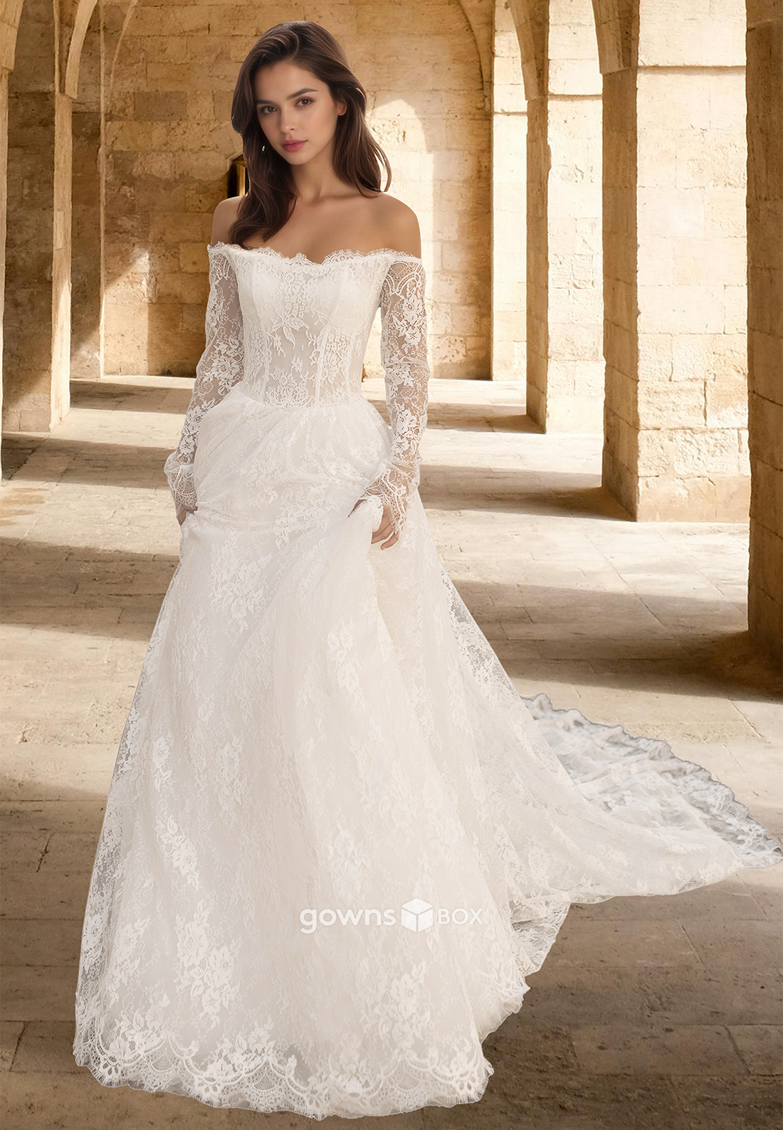 Full Lace Applique A-Line Sleeves Off-Shoulder with Train Wedding Dress-GownsBox