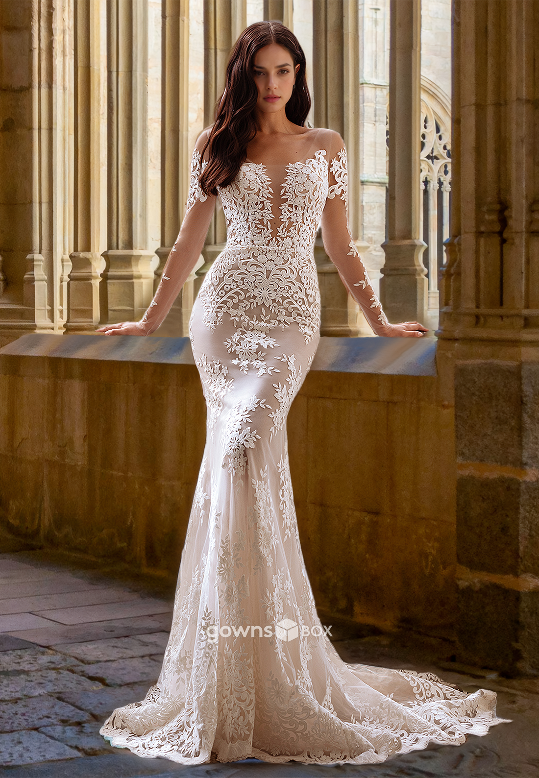 Sexy Mermaid Lace Applique with Tulle Train Wedding Dress Bride Gown-GownsBox