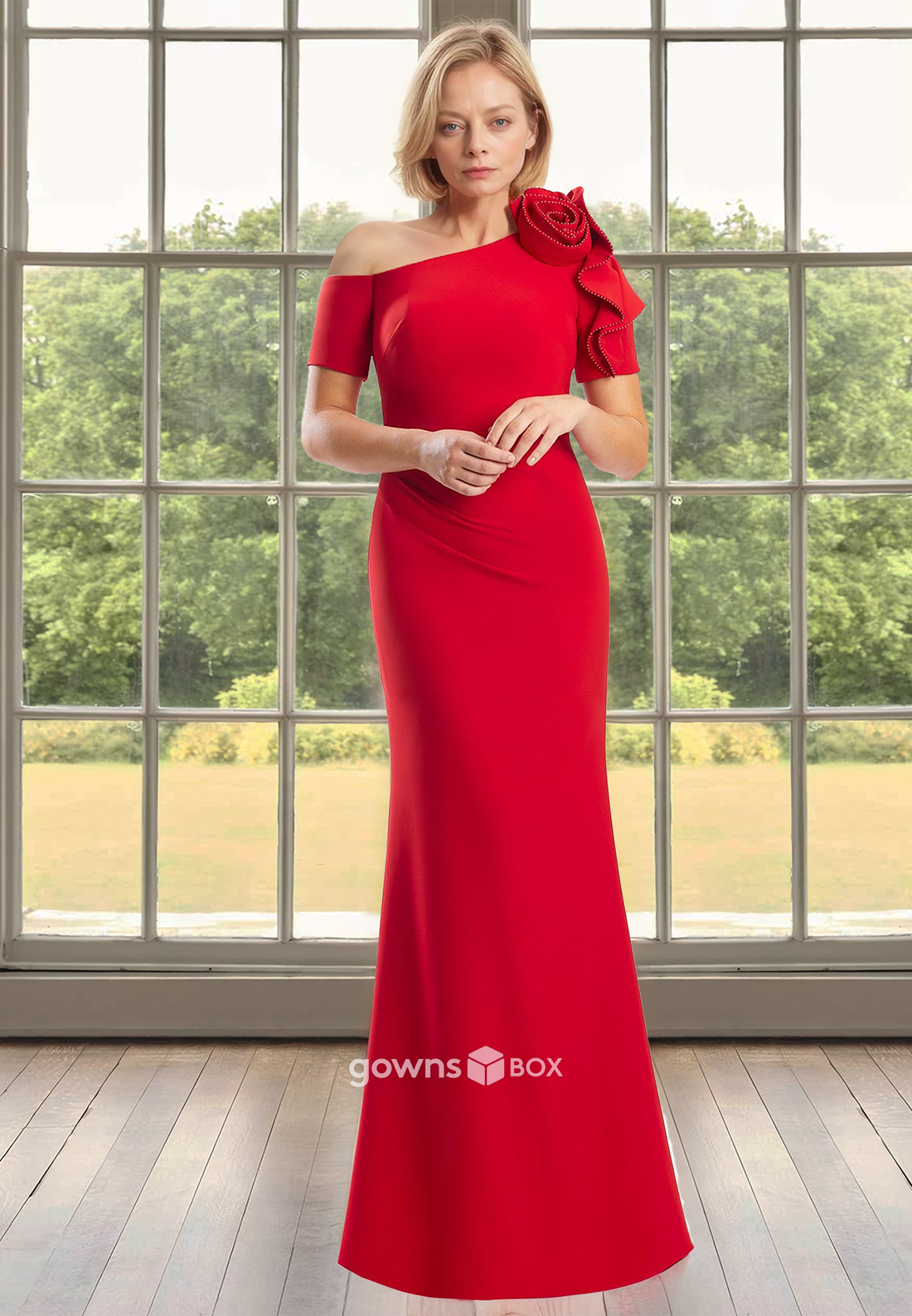 Ruched Asymmetrical Sleeves Sheath Satin Mother of the Bride Dress 2025-GownsBox