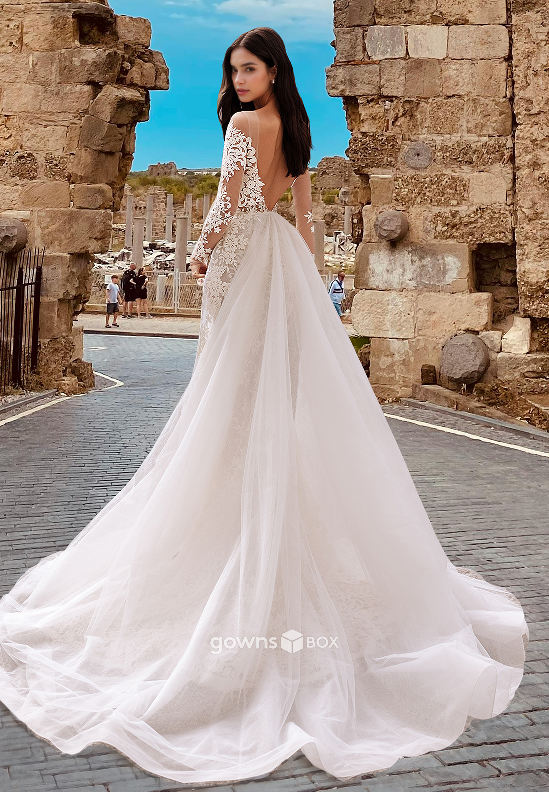 Sexy Mermaid Lace Applique with Tulle Train Wedding Dress Bride Gown-GownsBox