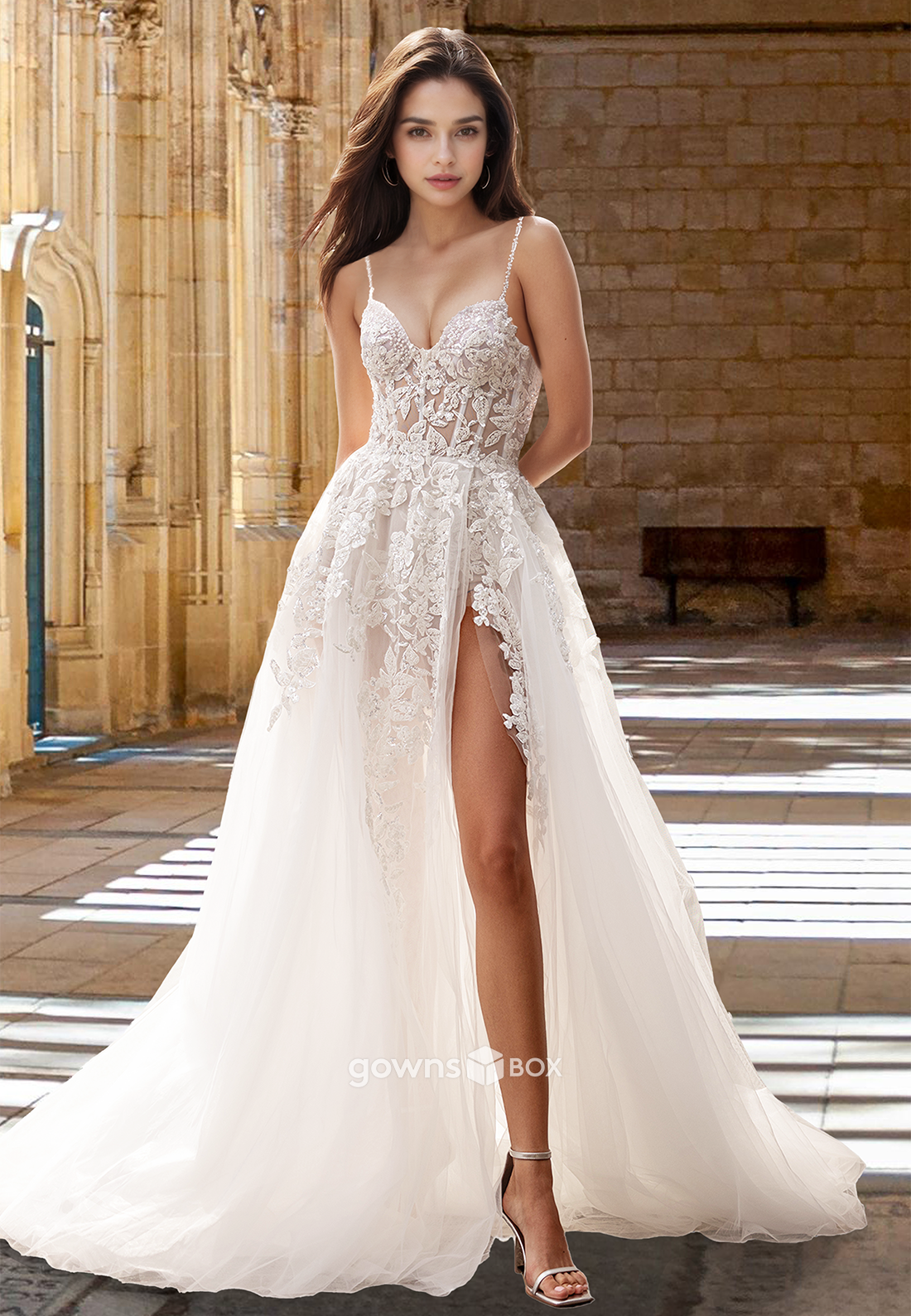 Sexy Sheer V-Neck Spaghetti Straps with Slit Tulle A-Line Wedding Dress-GownsBox