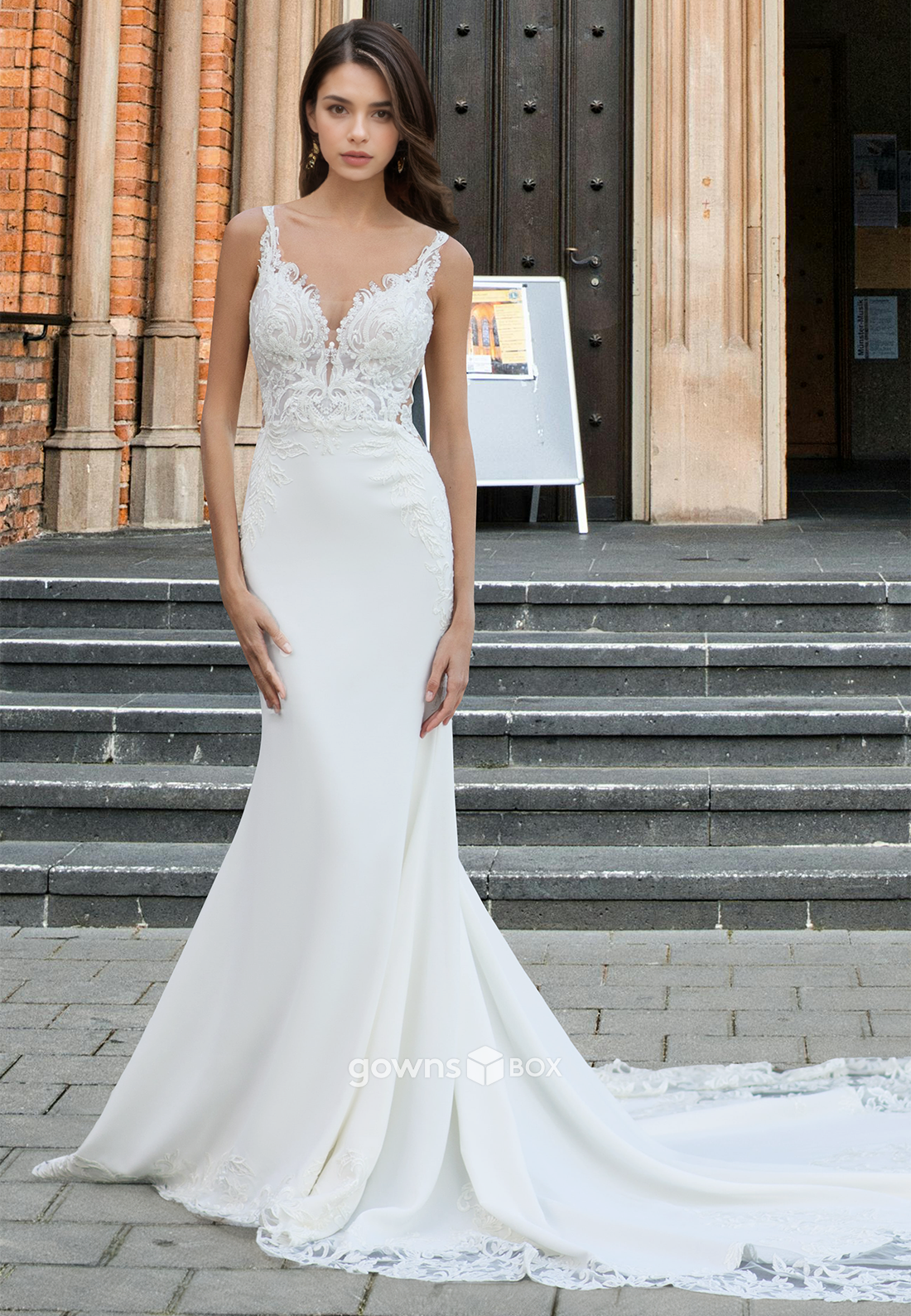 Sexy Open Back Spaghetti Straps Applique Trumpet with Train Wedding Dress-GownsBox