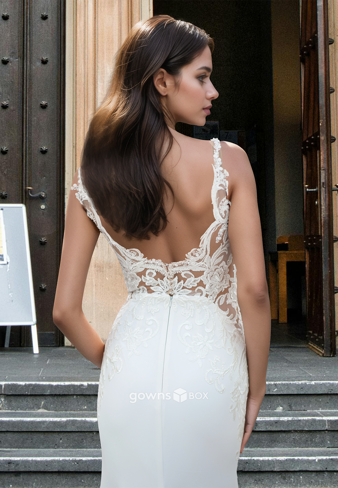 Sexy Open Back Spaghetti Straps Applique Trumpet with Train Wedding Dress-GownsBox