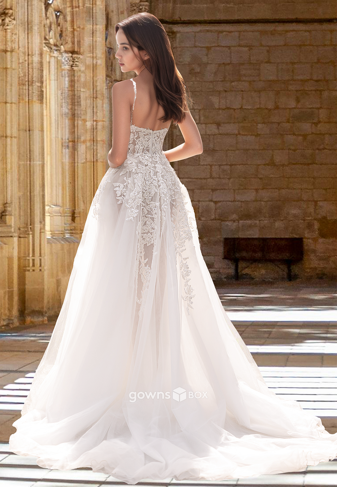 Sexy Sheer V-Neck Spaghetti Straps with Slit Tulle A-Line Wedding Dress-GownsBox