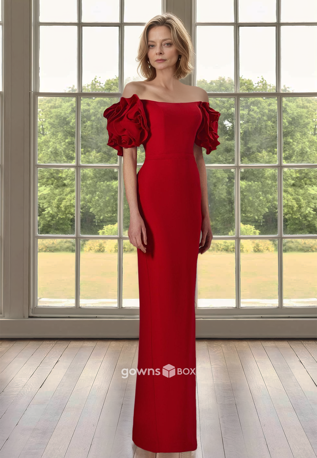 Red Satin Fitted Empire Floral Sleeves with Slit Mother of the Bride Dress-GownsBox