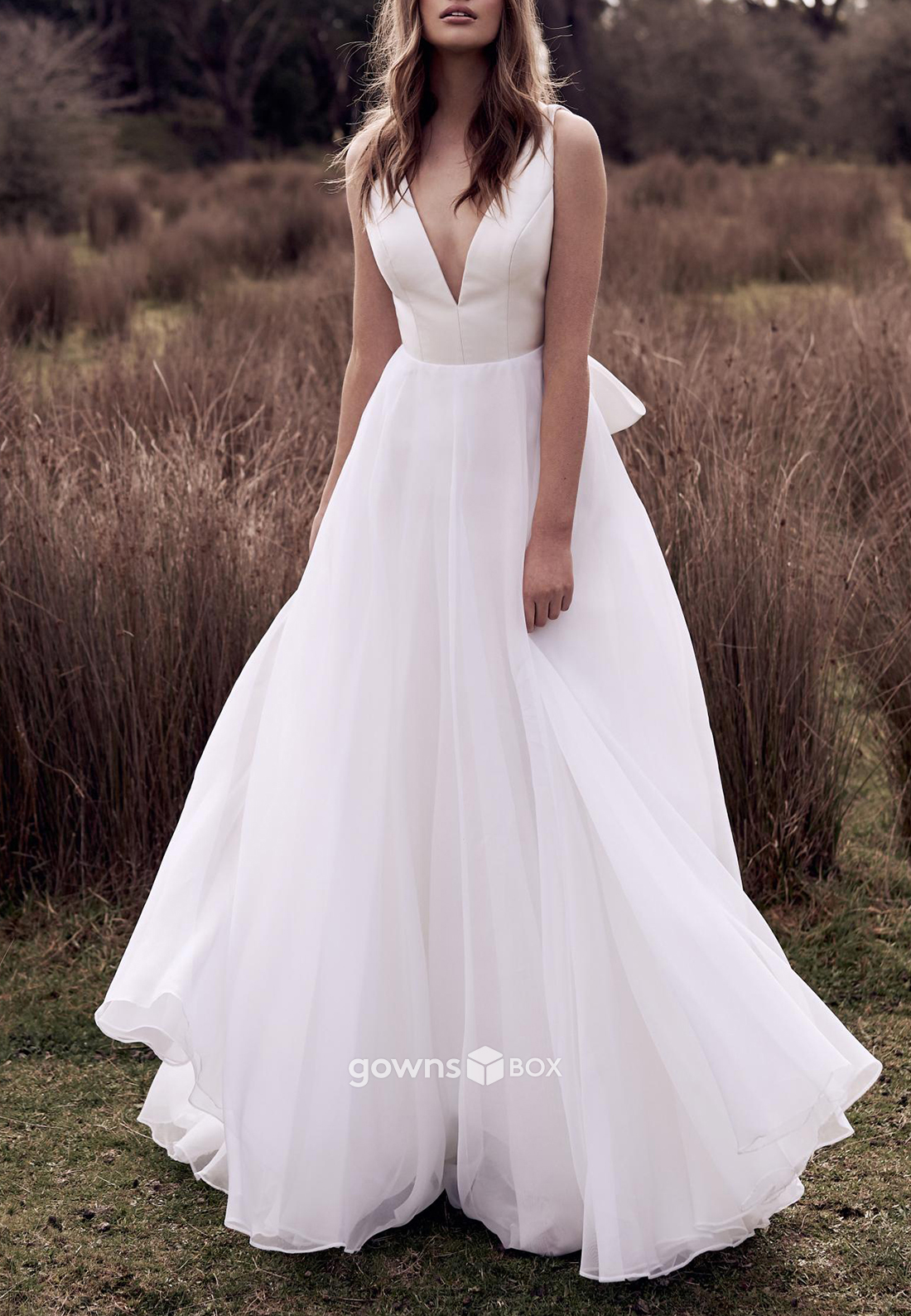 V Back Low V-Neck Sweep Train Regular Straps Tulle Wedding Dresses with Satin Bowknot