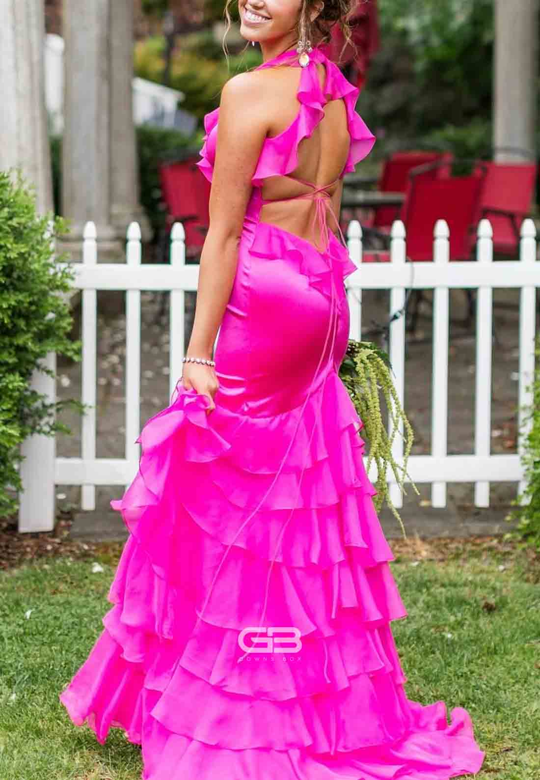 Halter Neck Fuchsia Ruffle Tiered Tie Back Long Dress with Slit 