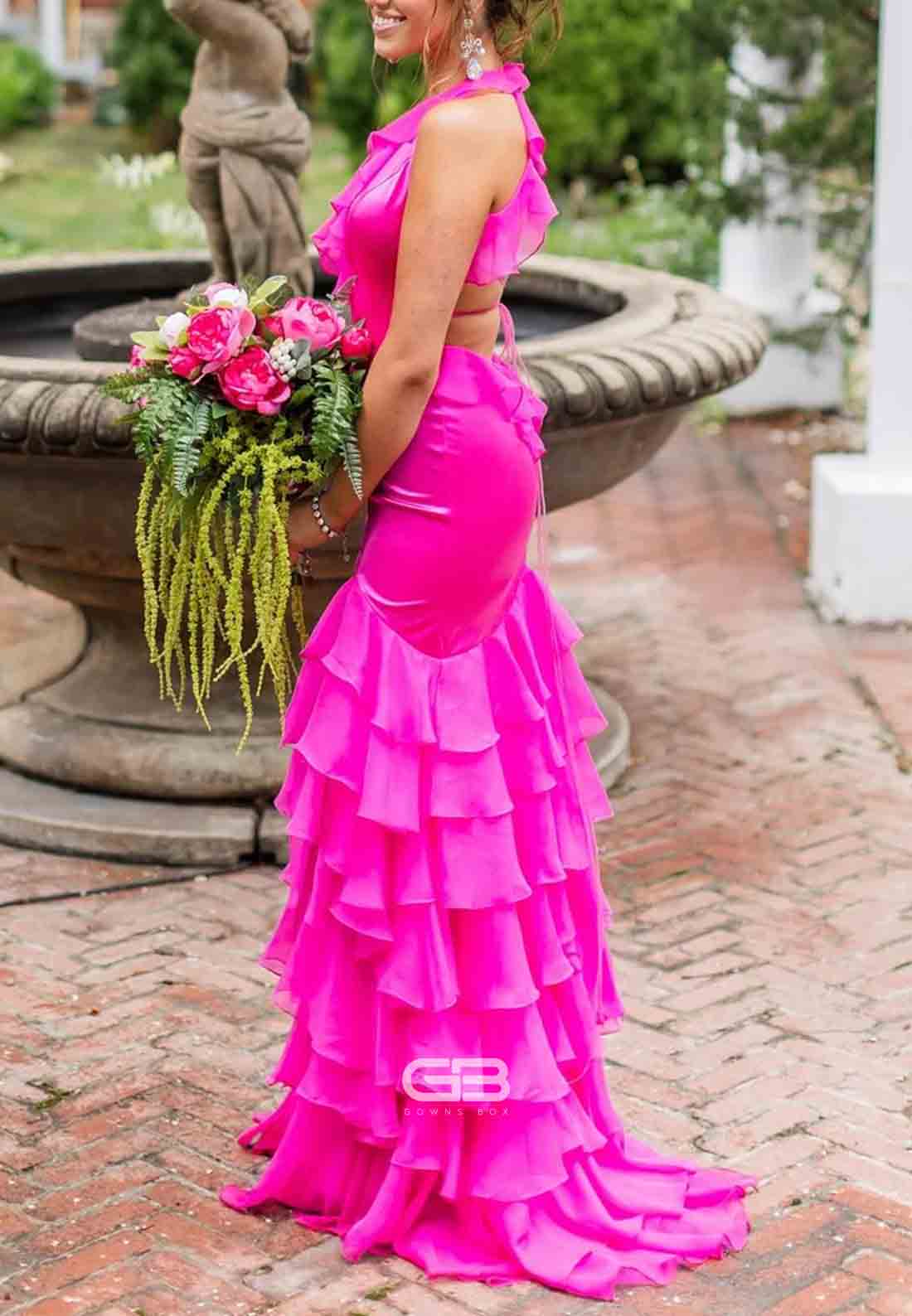 Halter Neck Fuchsia Ruffle Tiered Tie Back Long Dress with Slit 