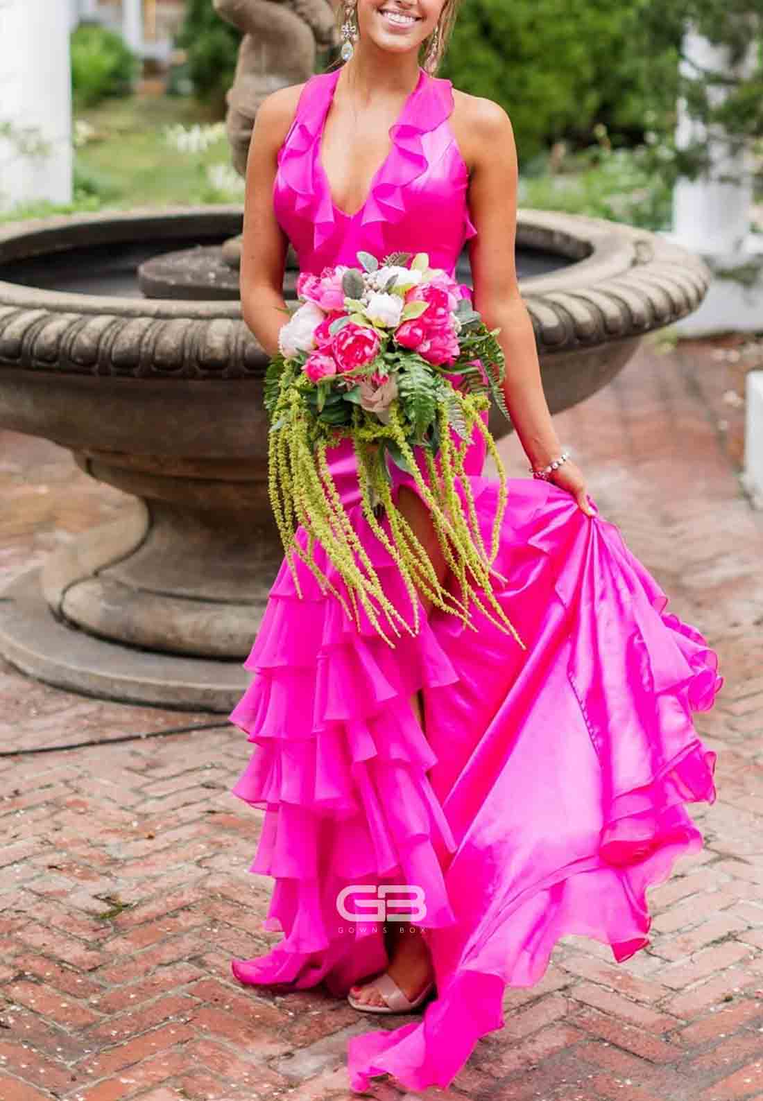 Halter Neck Fuchsia Ruffle Tiered Tie Back Long Dress with Slit 