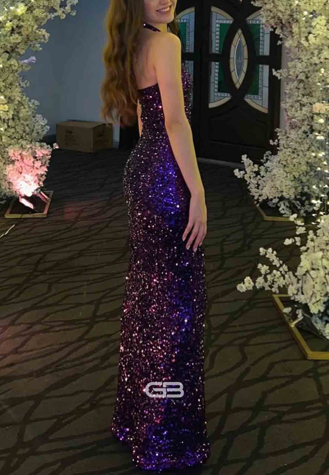 Halter Neck Purple Sequin Open Back Sheath Long Prom Dress