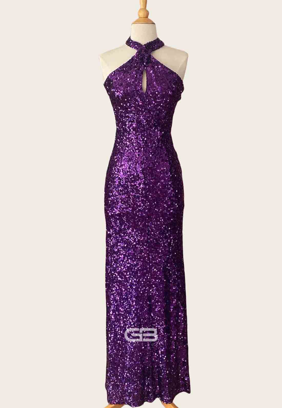 Halter Neck Purple Sequin Open Back Sheath Long Prom Dress