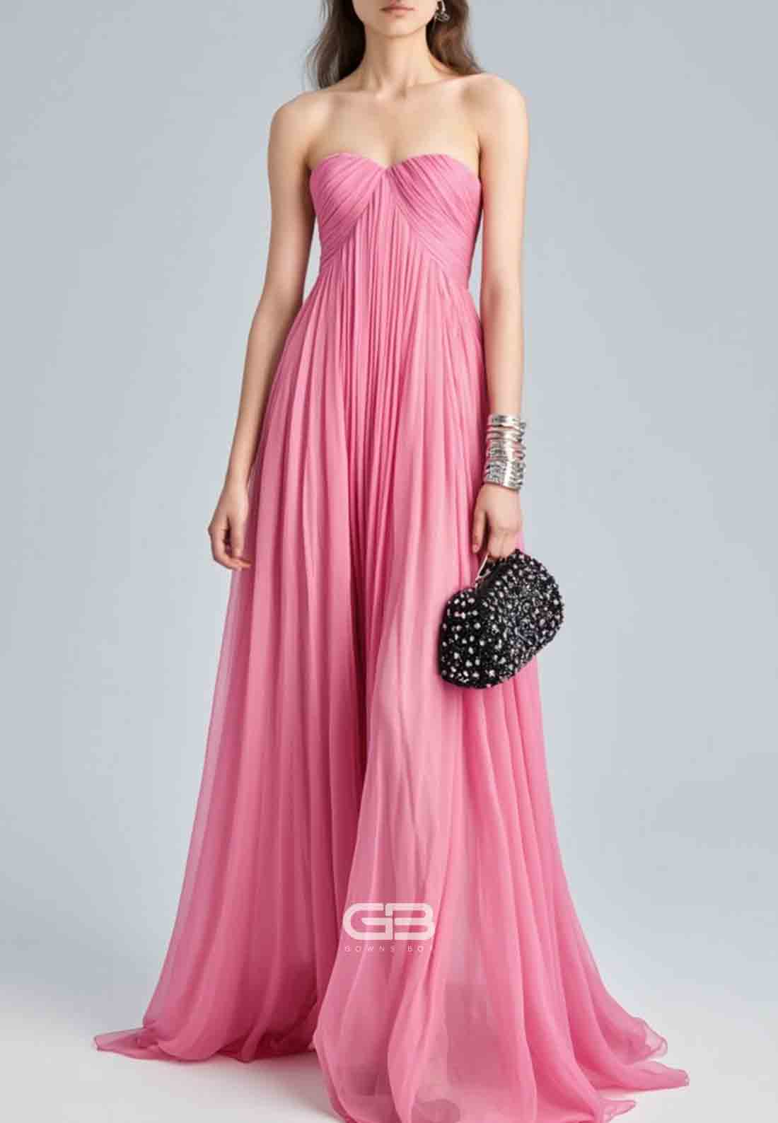 Holiday A-Line Sweetheart Evening Dress Pink Strapless Ruched Floor-Length Chiffon Dress 