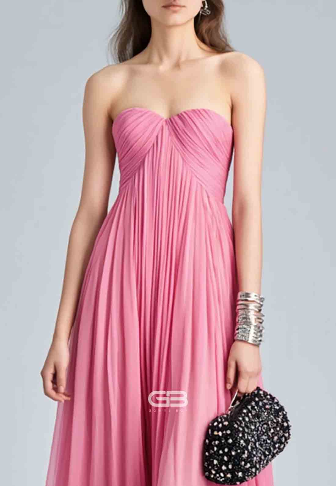 Holiday A-Line Sweetheart Evening Dress Pink Strapless Ruched Floor-Length Chiffon Dress 