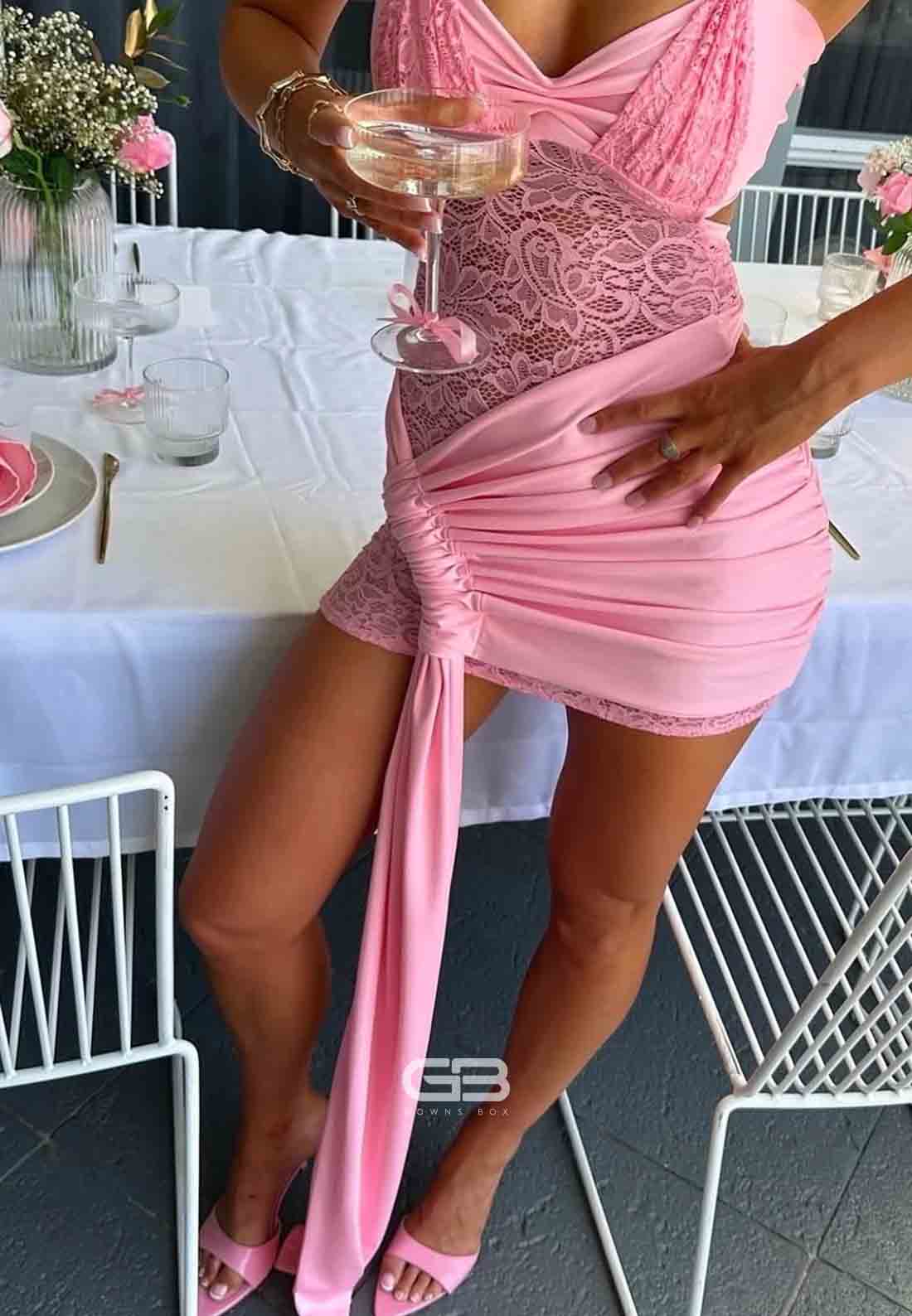 Hot Sheath Halter Mini Homecoming Dress Pink Lace Side Draping Party Dress