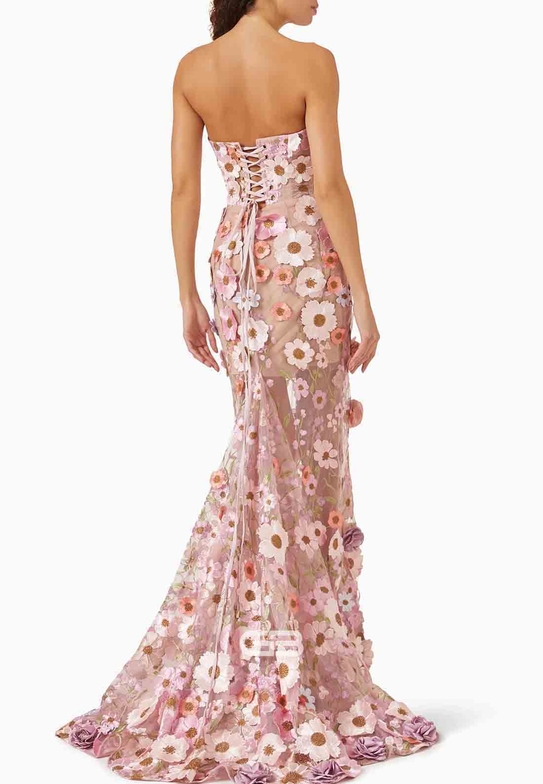 Strapless Floor-Length Mermaid Tie Back Evening Gowns with Flowers