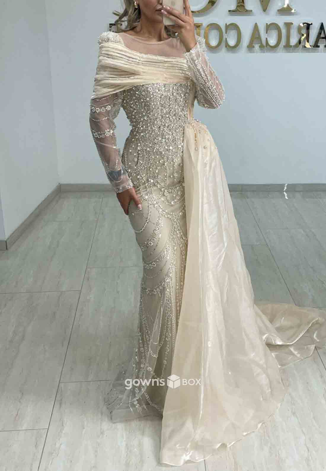 Long Sleeves Side Draping Ankle-Length Illusion Neck Sheath Evening Gowns-GownsBox