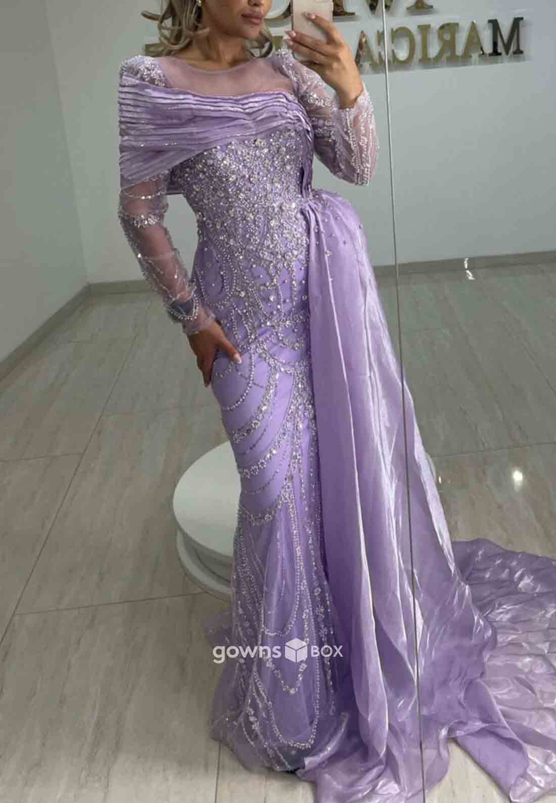 Long Sleeves Side Draping Ankle-Length Illusion Neck Sheath Evening Gowns-GownsBox