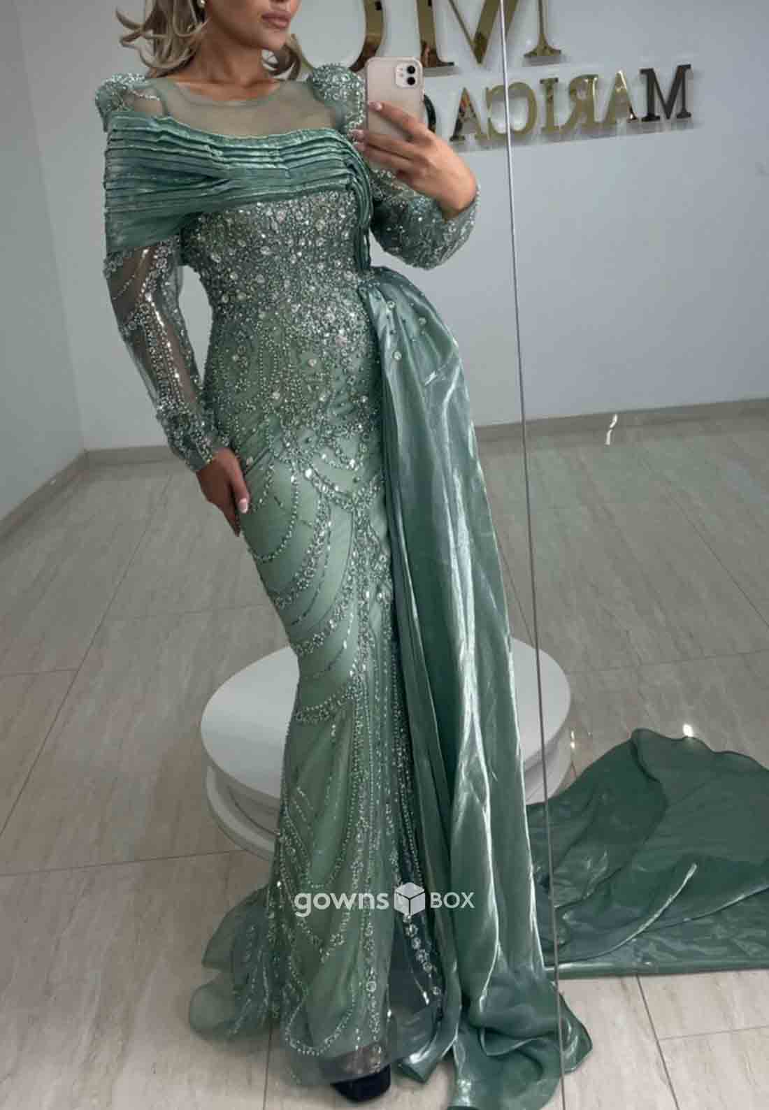 Long Sleeves Side Draping Ankle-Length Illusion Neck Sheath Evening Gowns-GownsBox