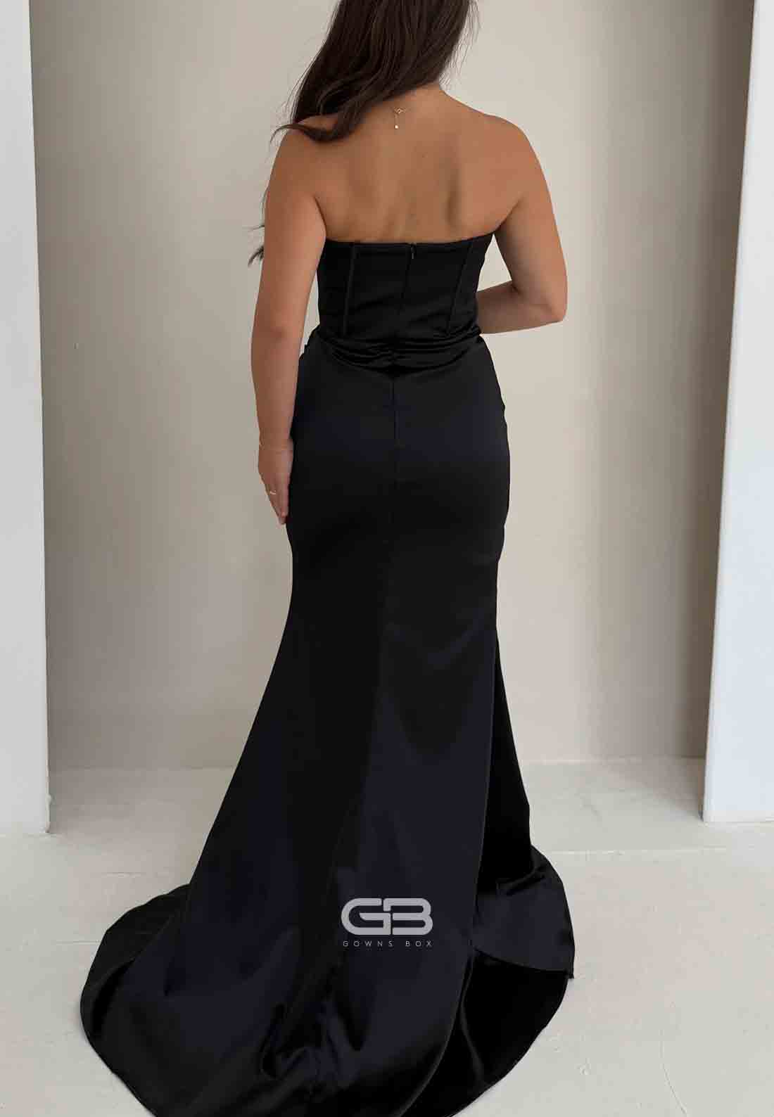 Elegant Strapless Satin Mermaid Floor-Length Evening Gowns with Pearls and slit