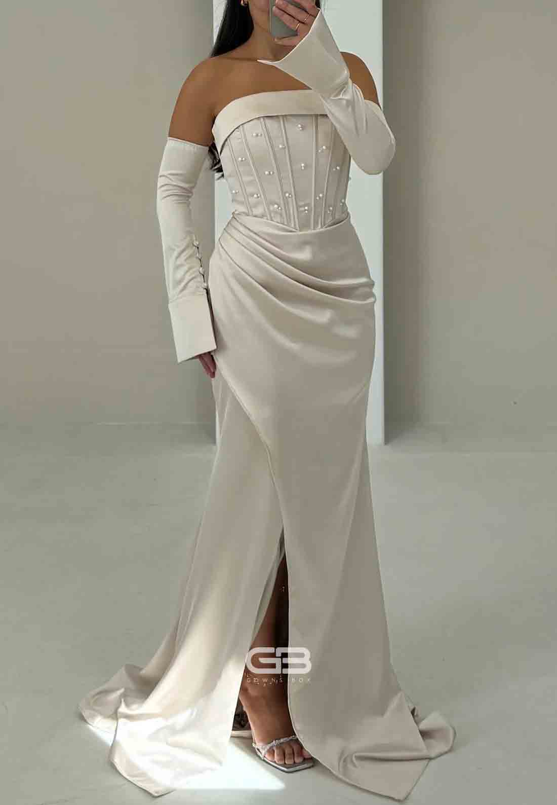 Satin Pleated Strapless Side Slit Trumpet Evening Gowns with Pearls and Gloves