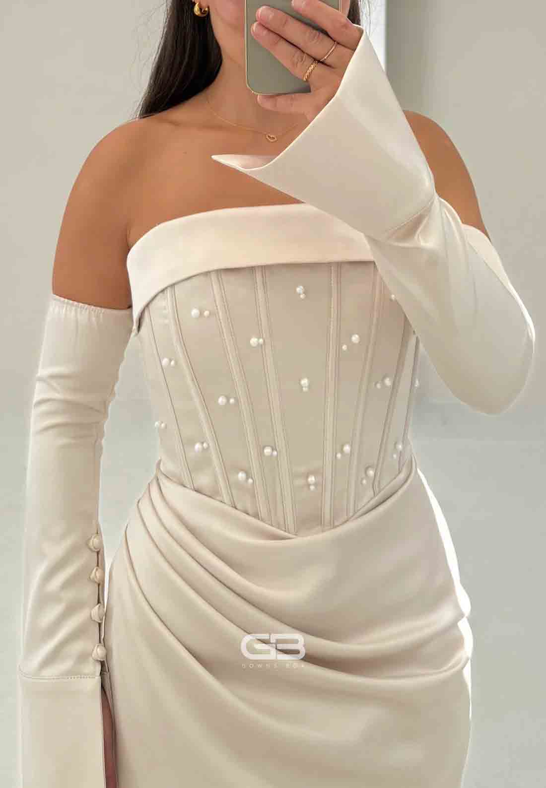 Satin Pleated Strapless Side Slit Trumpet Evening Gowns with Pearls and Gloves