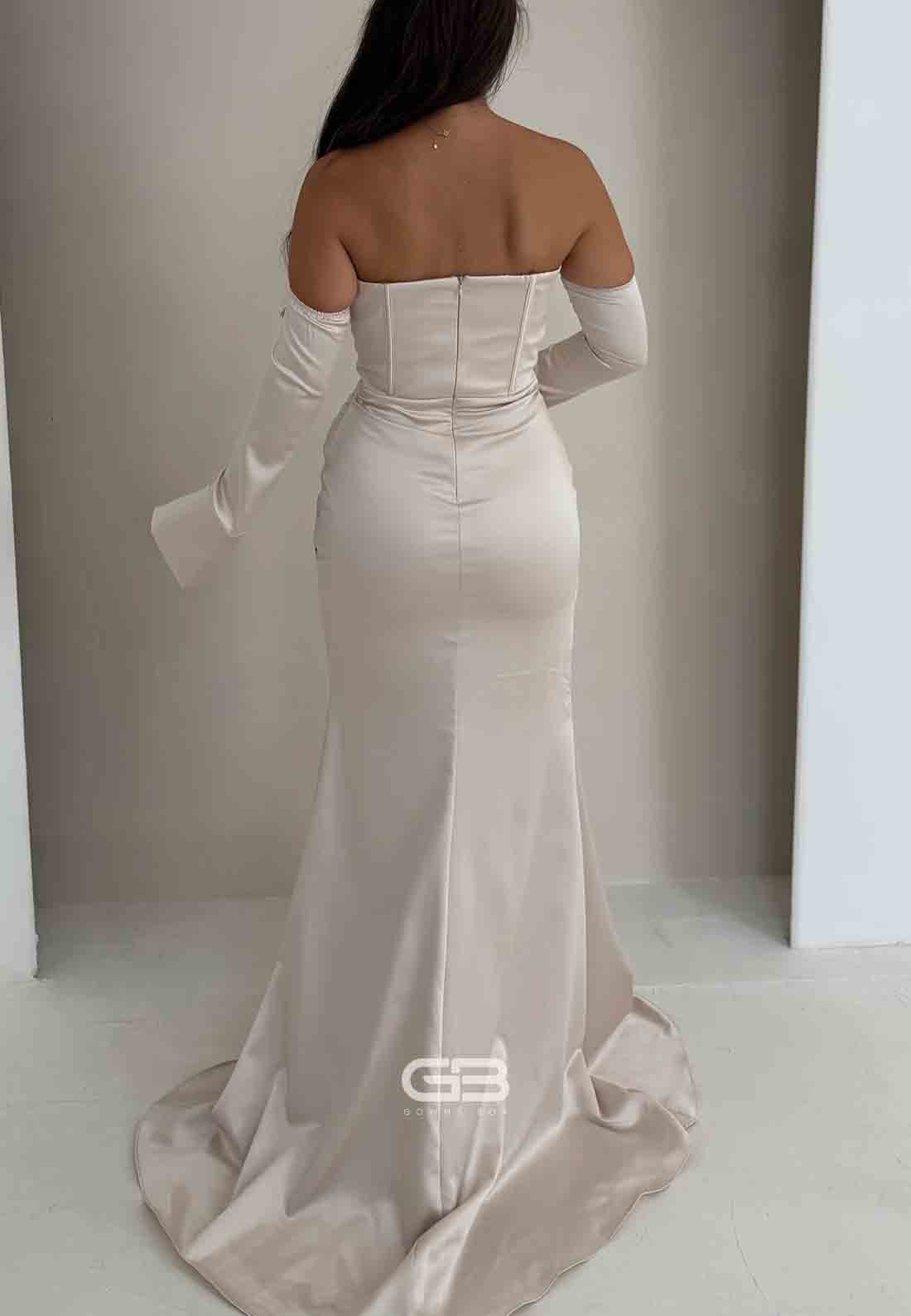 Satin Pleated Strapless Side Slit Trumpet Evening Gowns with Pearls and Gloves