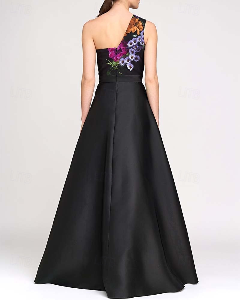 Floral Satin One Shoulder Sleeveless Jumpsuit Evening Gown with Ribbon