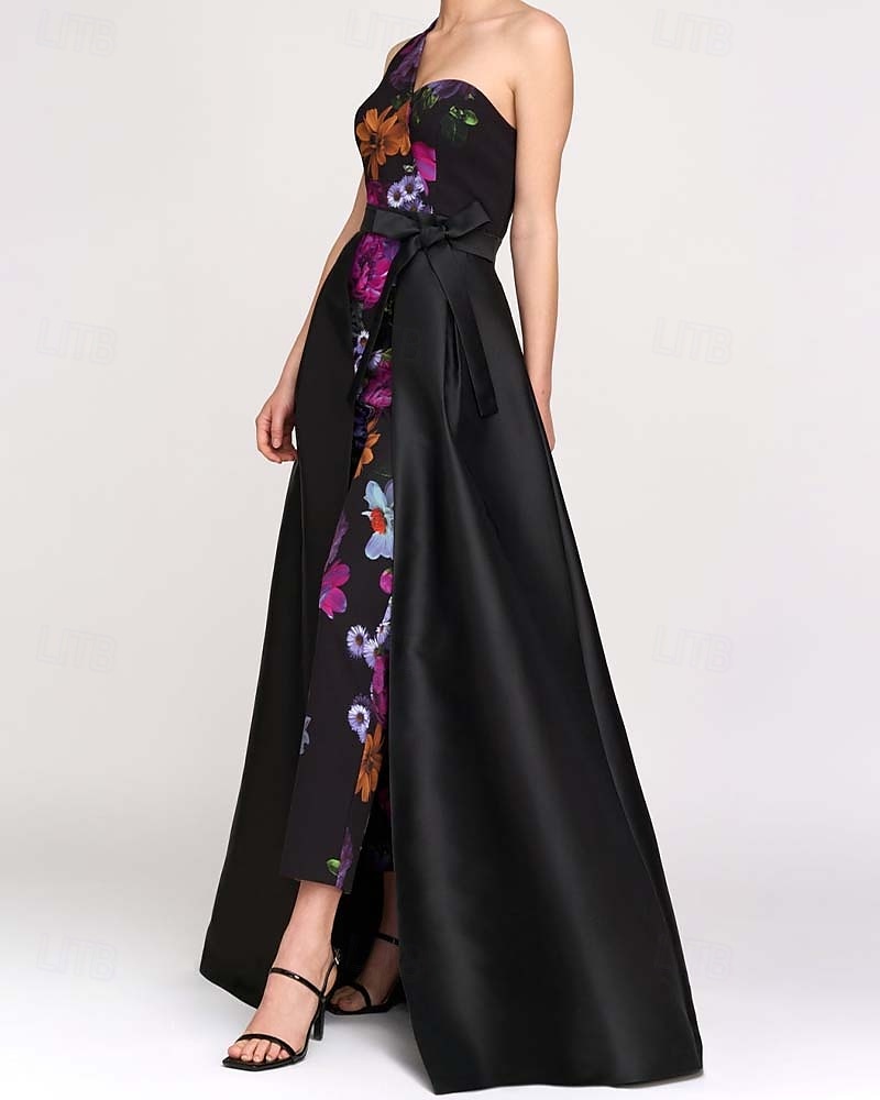 Floral Satin One Shoulder Sleeveless Jumpsuit Evening Gown with Ribbon