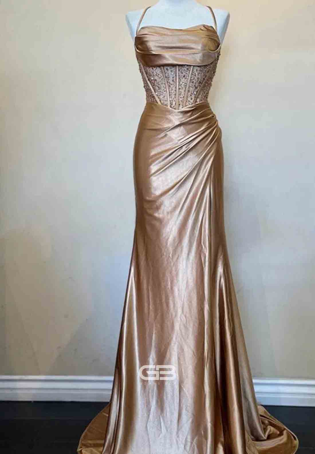 Scoop Neck Satin Mermaid Long Prom Dress with Side Slit