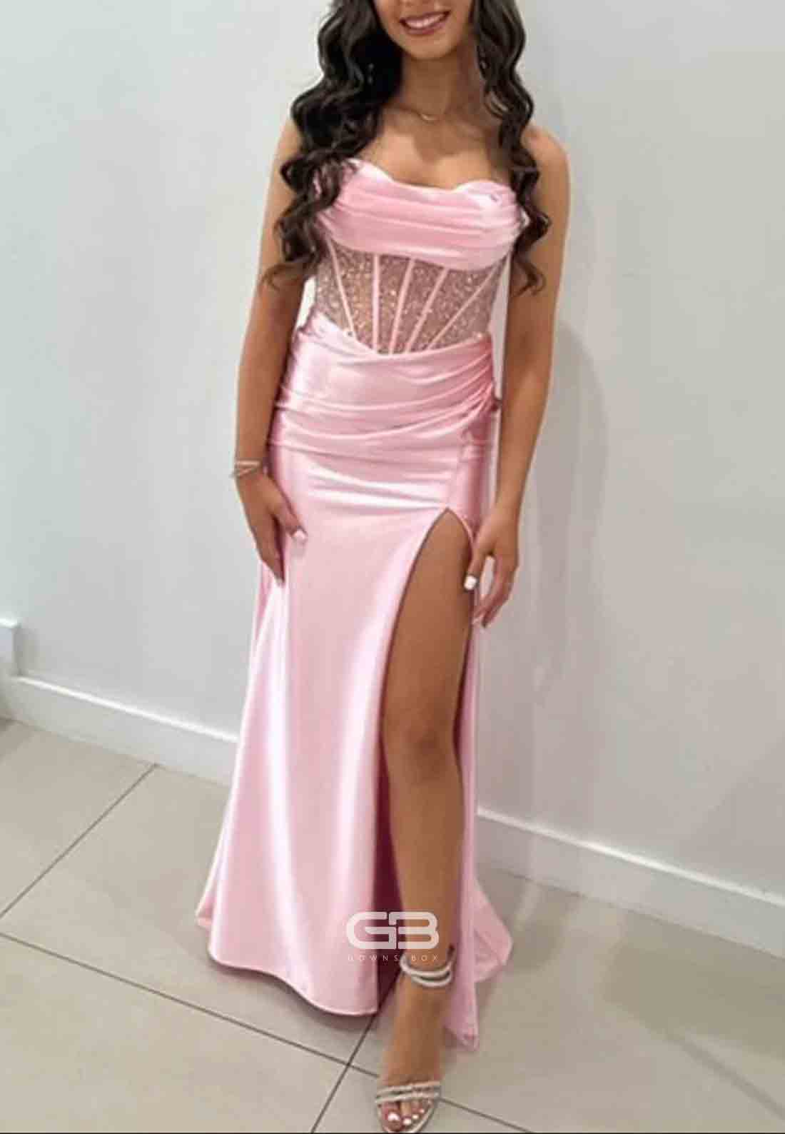 Scoop Neck Satin Mermaid Long Prom Dress with Side Slit