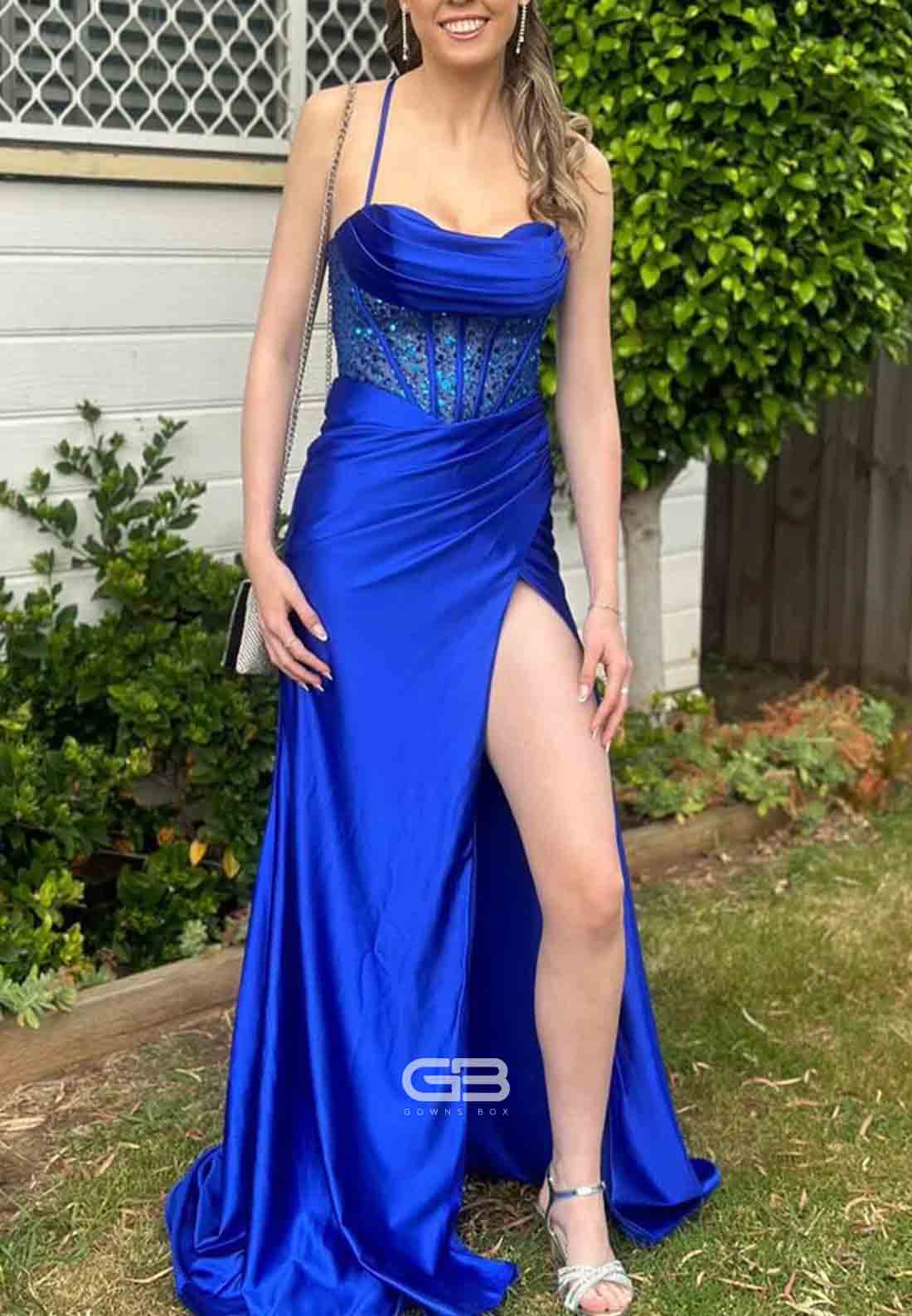 Scoop Neck Satin Mermaid Long Prom Dress with Side Slit