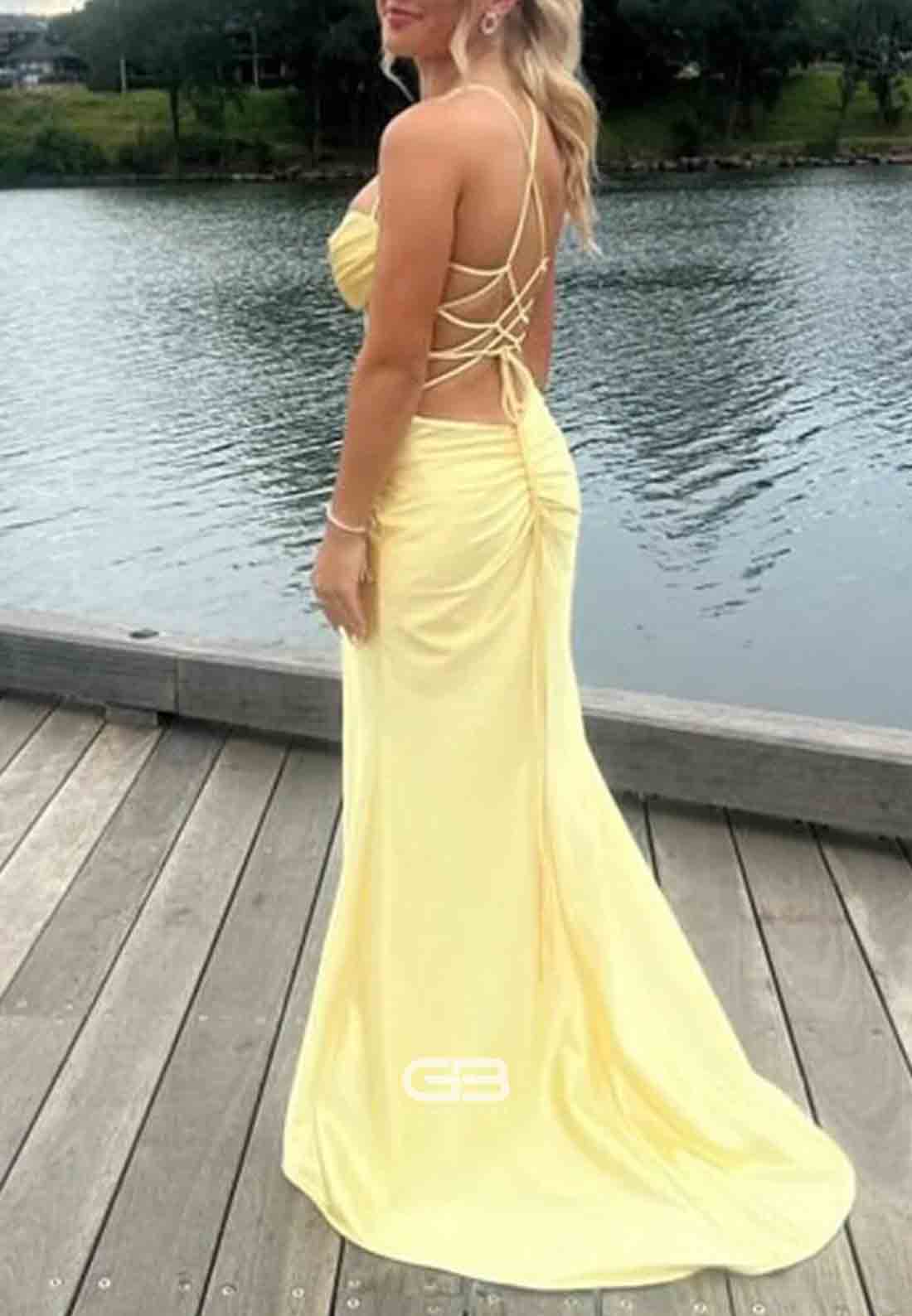 Scoop Neck Satin Mermaid Long Prom Dress with Side Slit