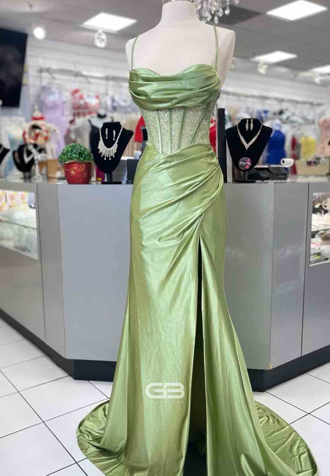 Scoop Neck Satin Mermaid Long Prom Dress with Side Slit
