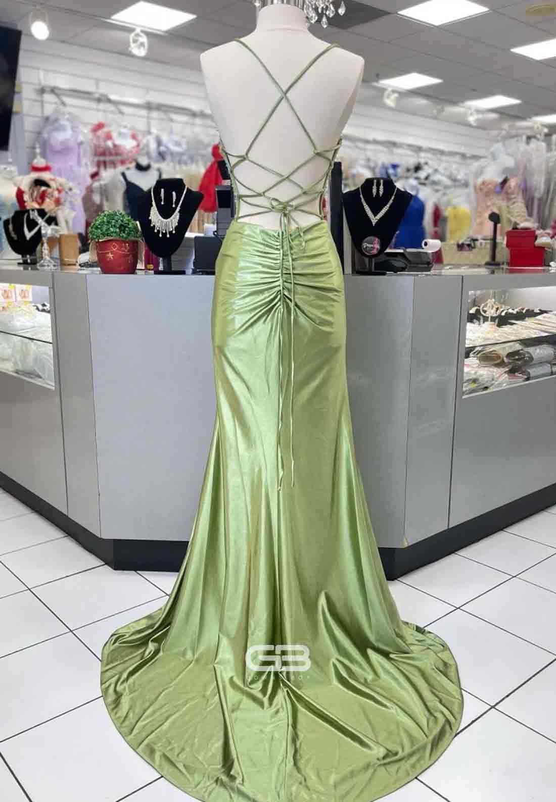 Scoop Neck Satin Mermaid Long Prom Dress with Side Slit
