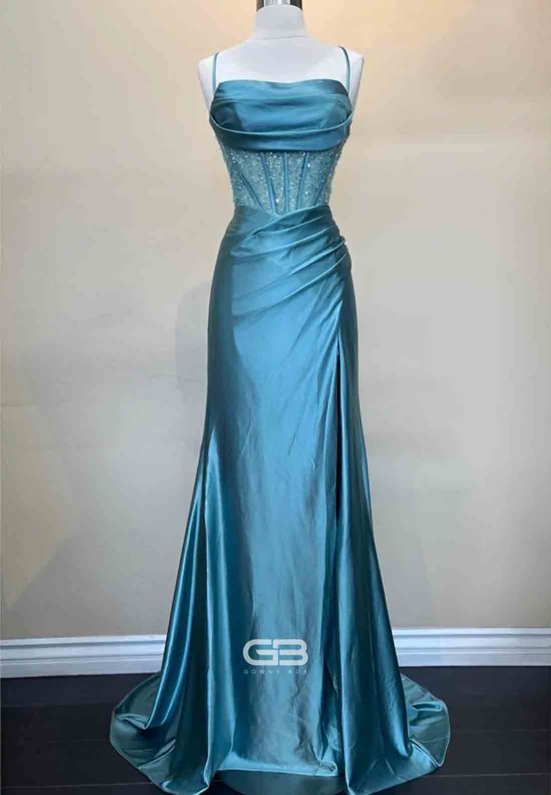 Scoop Neck Satin Mermaid Long Prom Dress with Side Slit