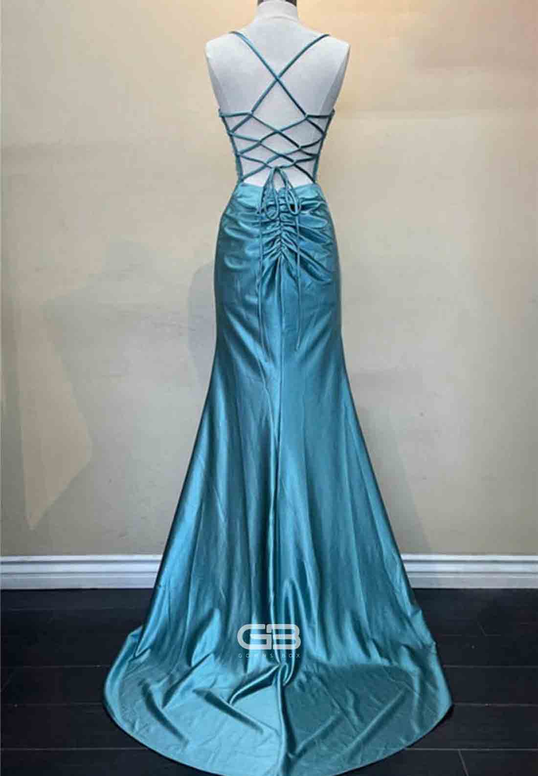 Scoop Neck Satin Mermaid Long Prom Dress with Side Slit