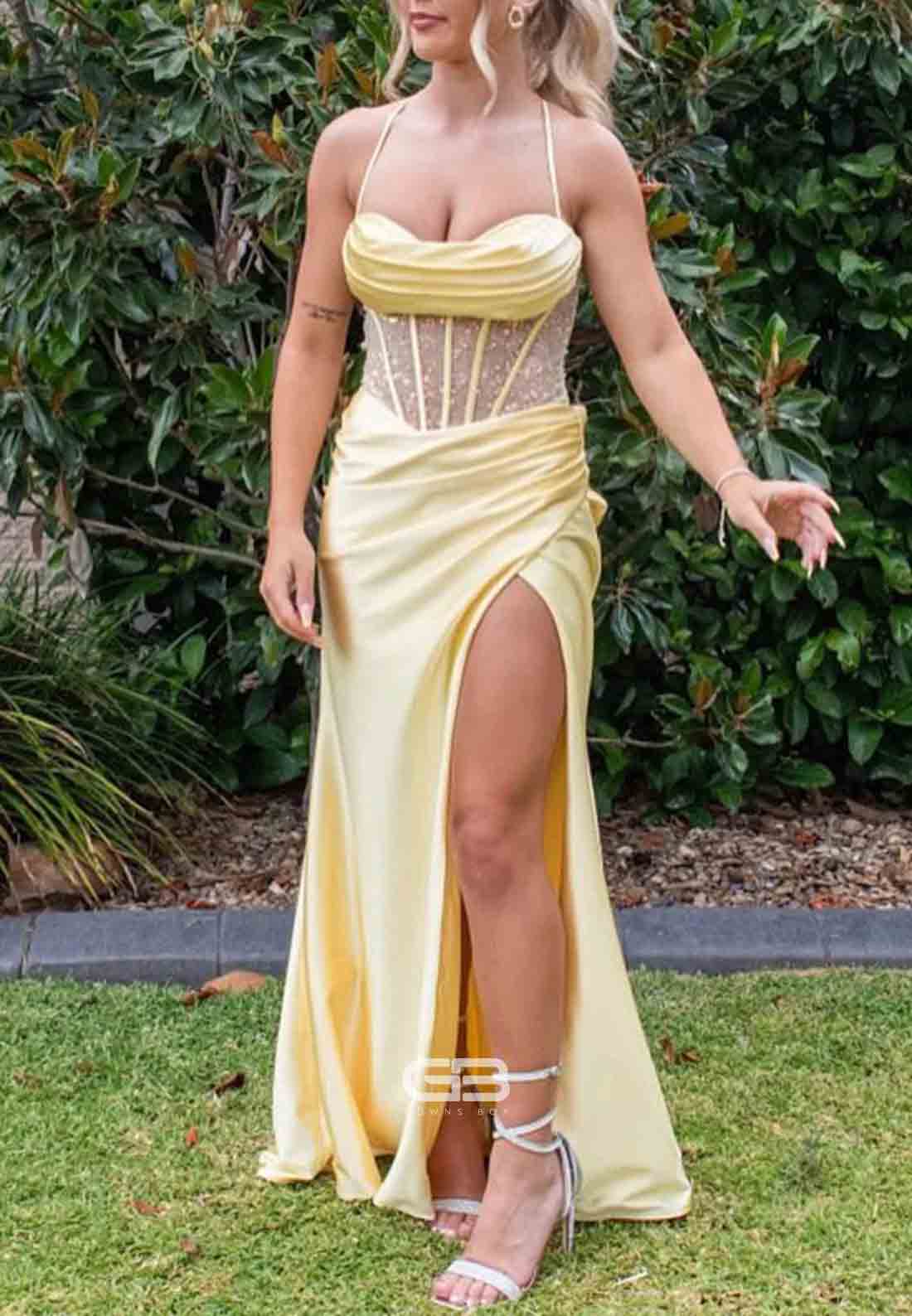 Scoop Neck Satin Mermaid Long Prom Dress with Side Slit