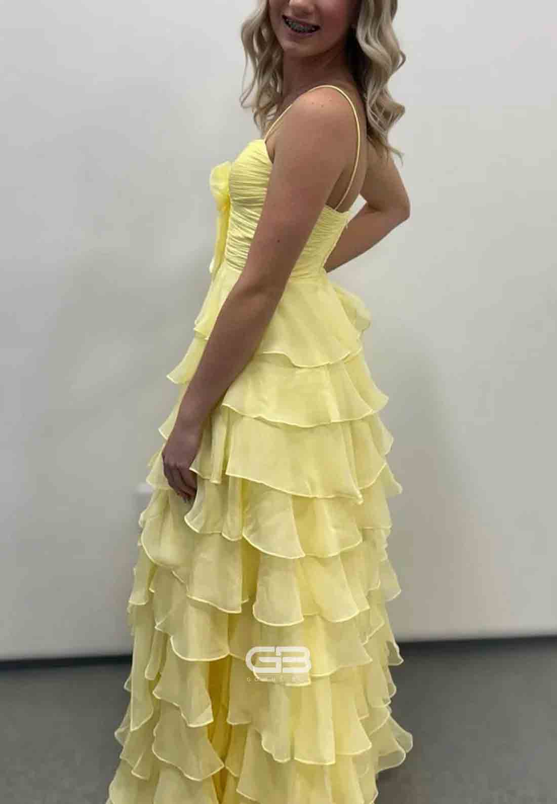 A Line Bowknot Spaghetti Straps Yellow High Slit Long Prom Dress with Ruffle 