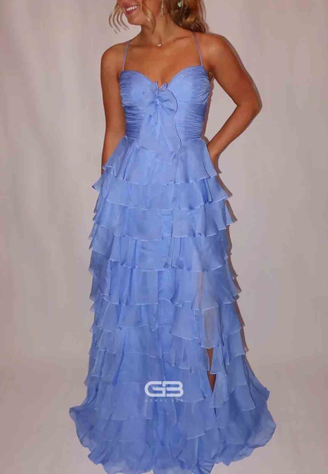 A Line Bowknot Spaghetti Straps Yellow High Slit Long Prom Dress with Ruffle 